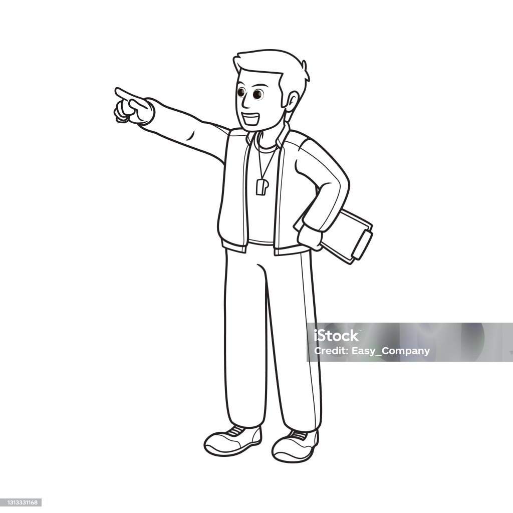 Vector illustration of trainer coach isolated on white background jobs and occupations concept cartoon characters education and school kids coloring page printable activity worksheet flashcard stock illustration