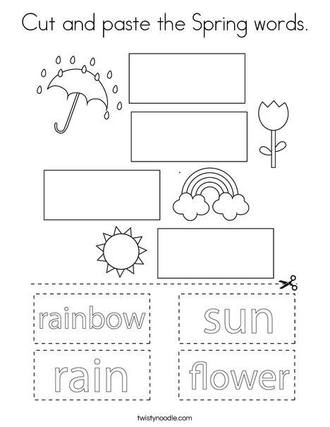 Cut and paste the spring words coloring page