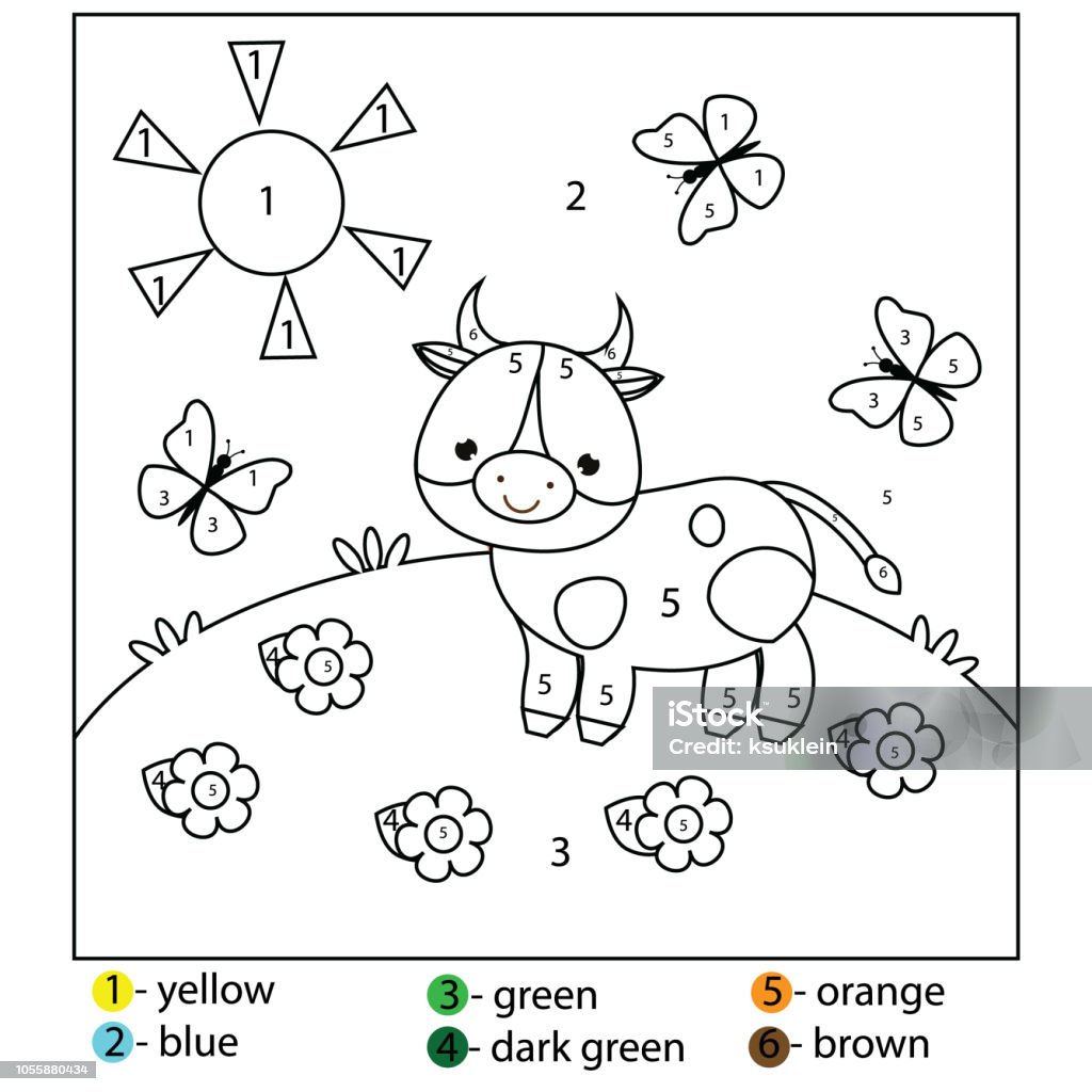 Coloring page for kids color by numbers cow on meadow stock illustration