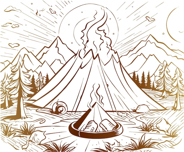 Free vector shiny coloring page of campfire adventure illustration