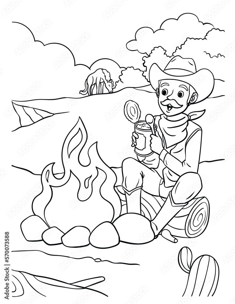 Cowboy campfire coloring page for kids vector