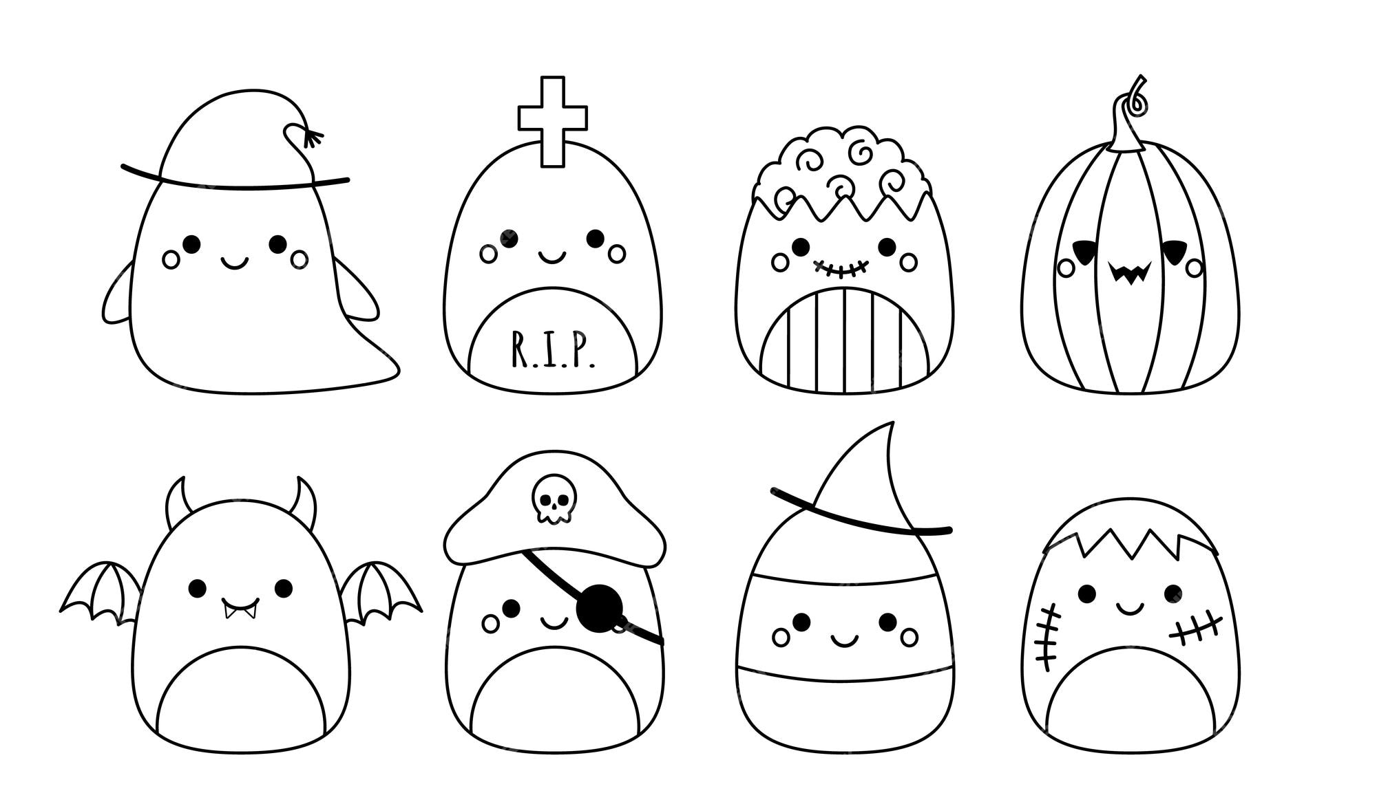 Premium vector halloween set squishmallow zombie ghost candy corn pumpkin tomb pirate coloring page squishmallow black and white color me isolated vector illustration eps