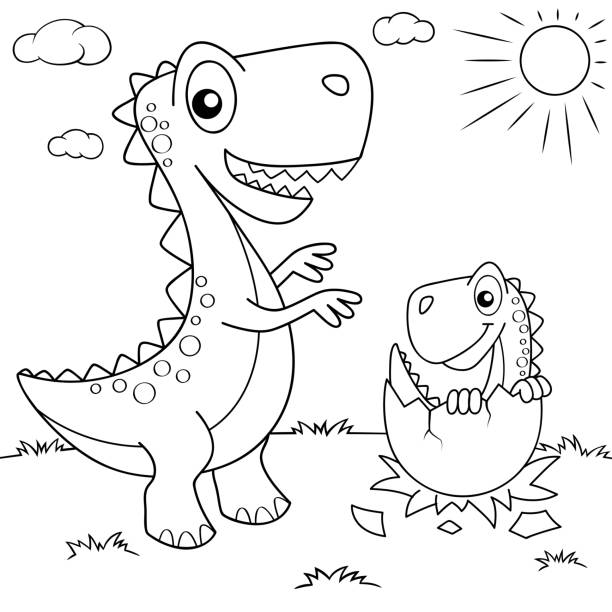 Funny cartoon dinosaur and his nest with little dino black and white vector illustration for coloring book stock illustration