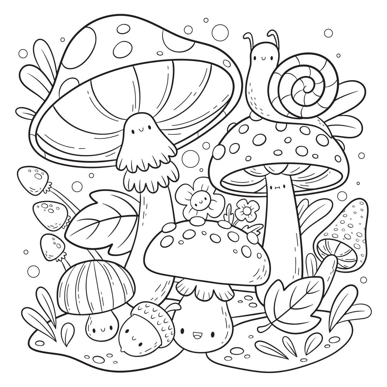 Mushrooms snails and flowers