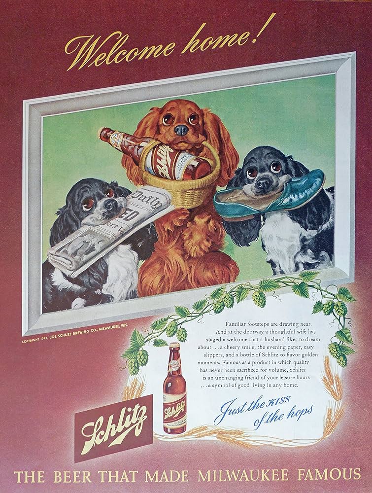 Schlitz beer s print ad full page color illustration puppies newpaperbeerslippers wele homeoriginal vintage colliers magazine print art posters prints