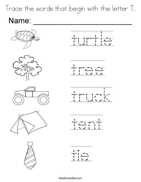 Trace the words that begin with the letter t coloring page