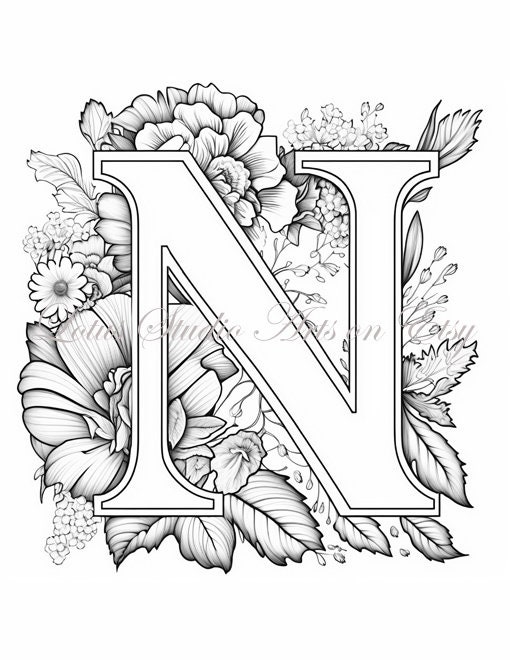 Floral letter n coloring page style