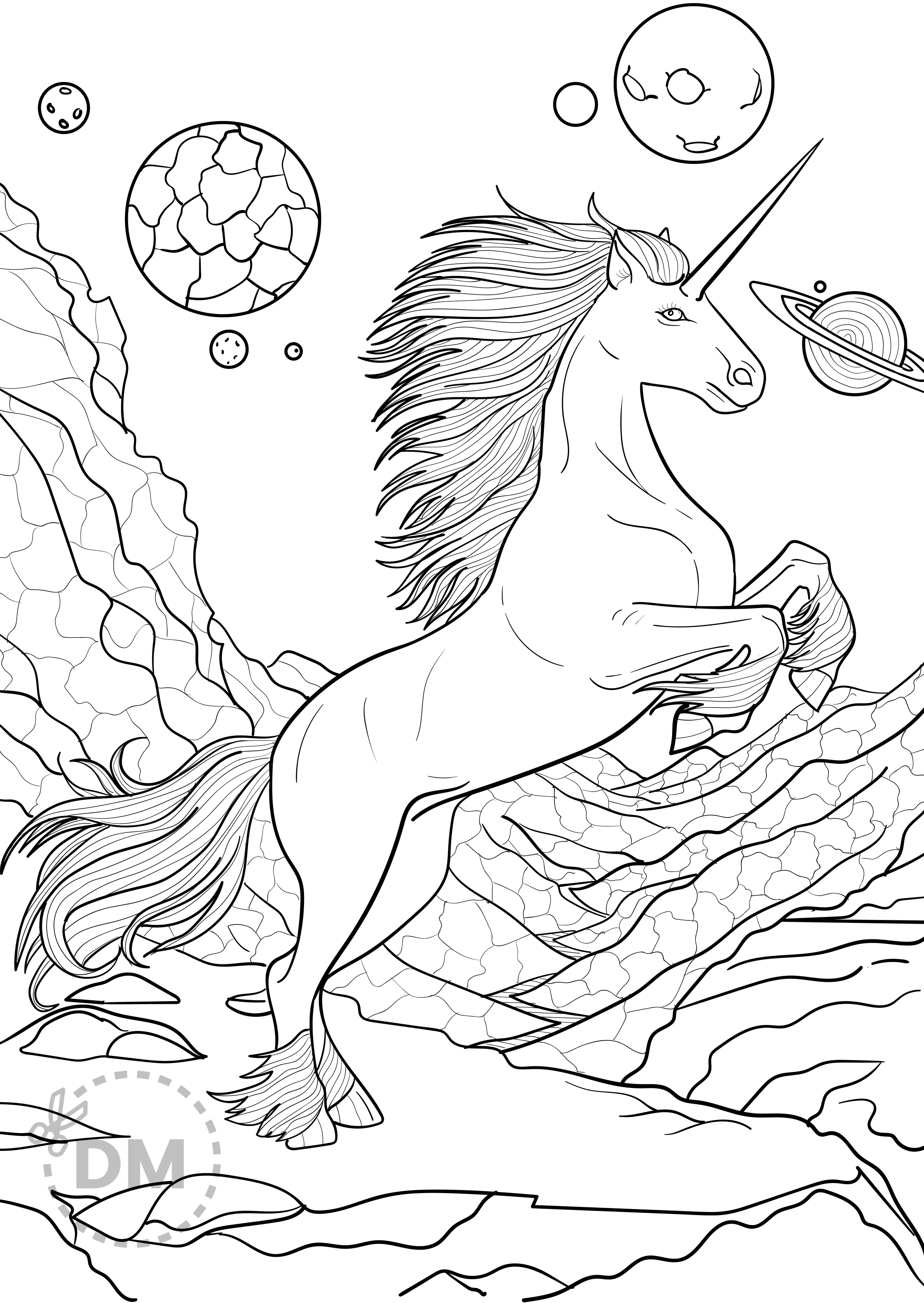 Hard unicorn coloring page for adults and teens