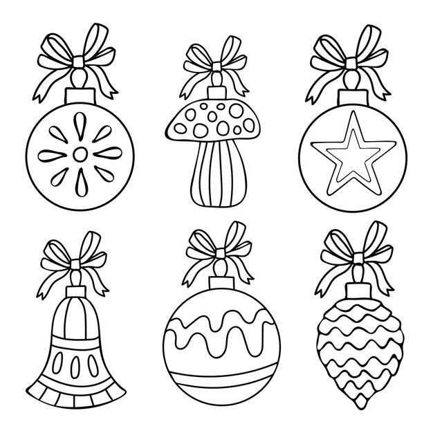 Premium vector coloring page toy ball set christmas tree decoration with patterns and ribbon bow hand drawn vector thin line art illustration coloring book for children and adults black and white