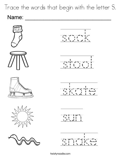 Trace the words that begin with the letter s coloring page
