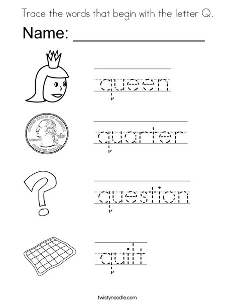 Trace the words that begin with the letter q coloring page