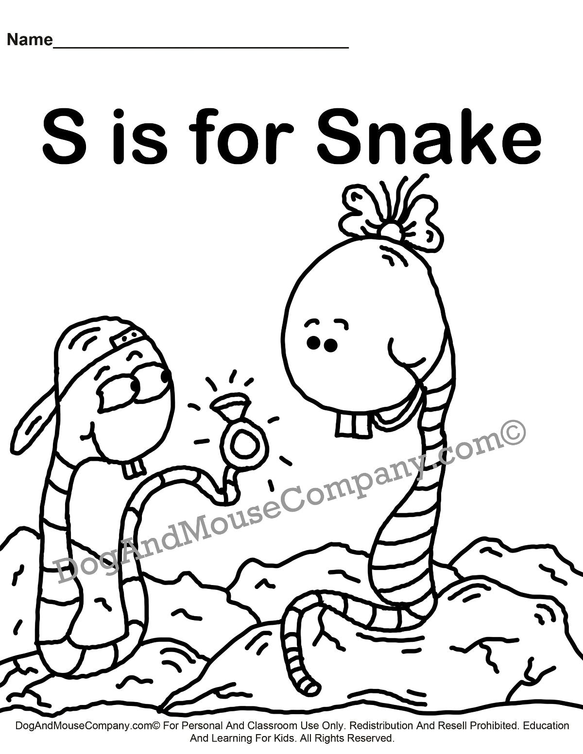 S is for snake coloring page learn your abcs worksheet printable â dog and mouse pany