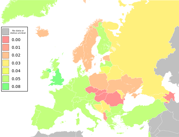 Filemap of european countries by maximum blood alcohol levelsvg