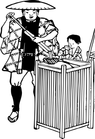 Dibujo de vendedor de cola de pescado japonesa vintage para colorear dibujos para colorear imprimir gratis
