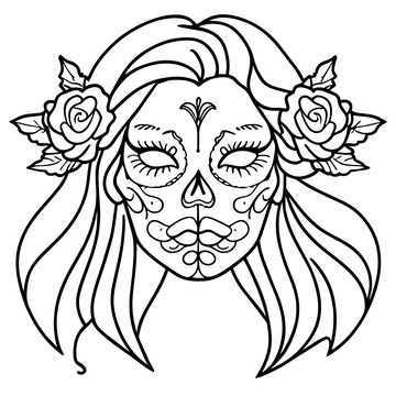 Premium vector day of the dead girl sugar skull hand drawn cartoon sticker icon concept isolated illustration