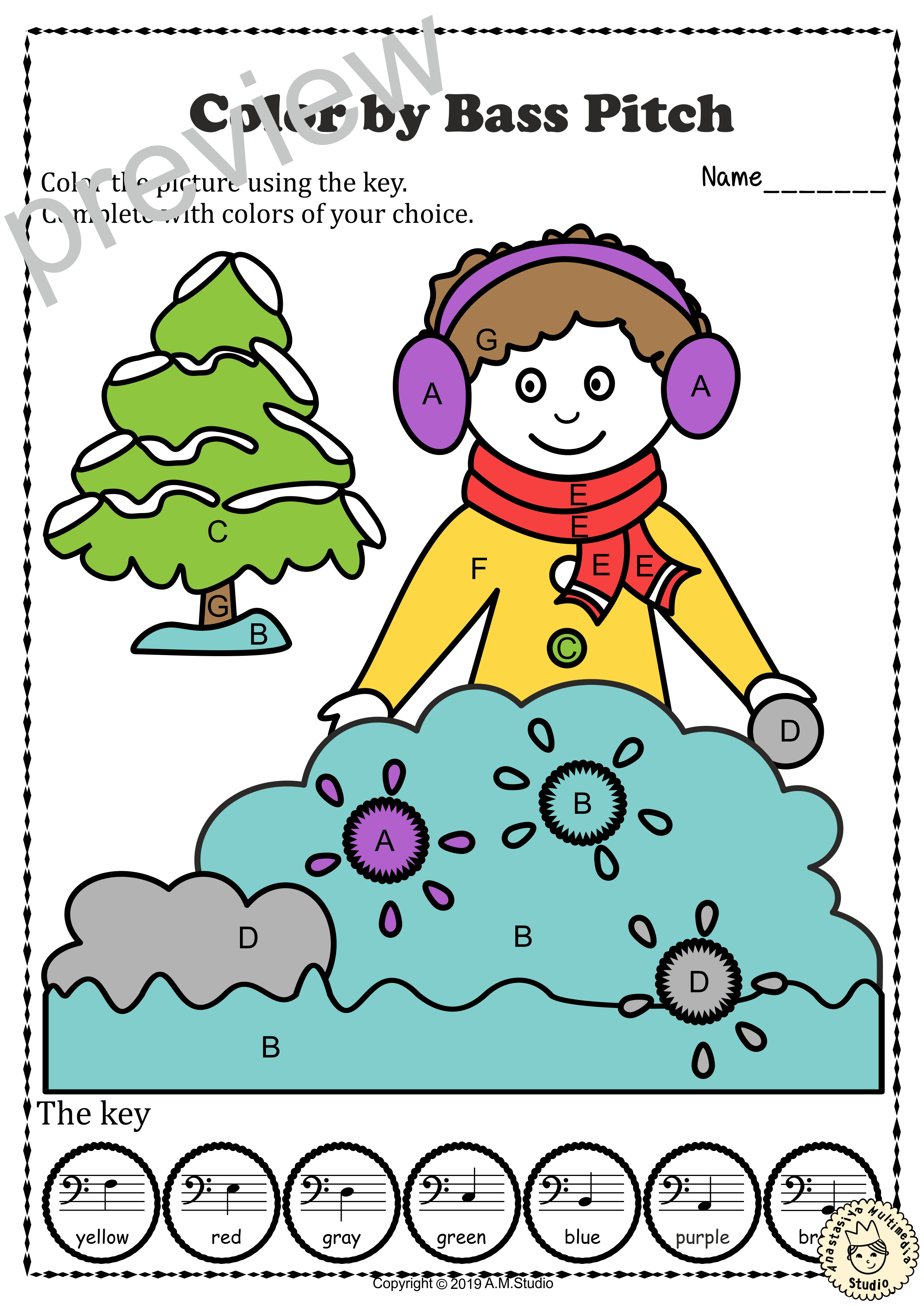 Musical coloring pages for winter color by bass pitch with answers