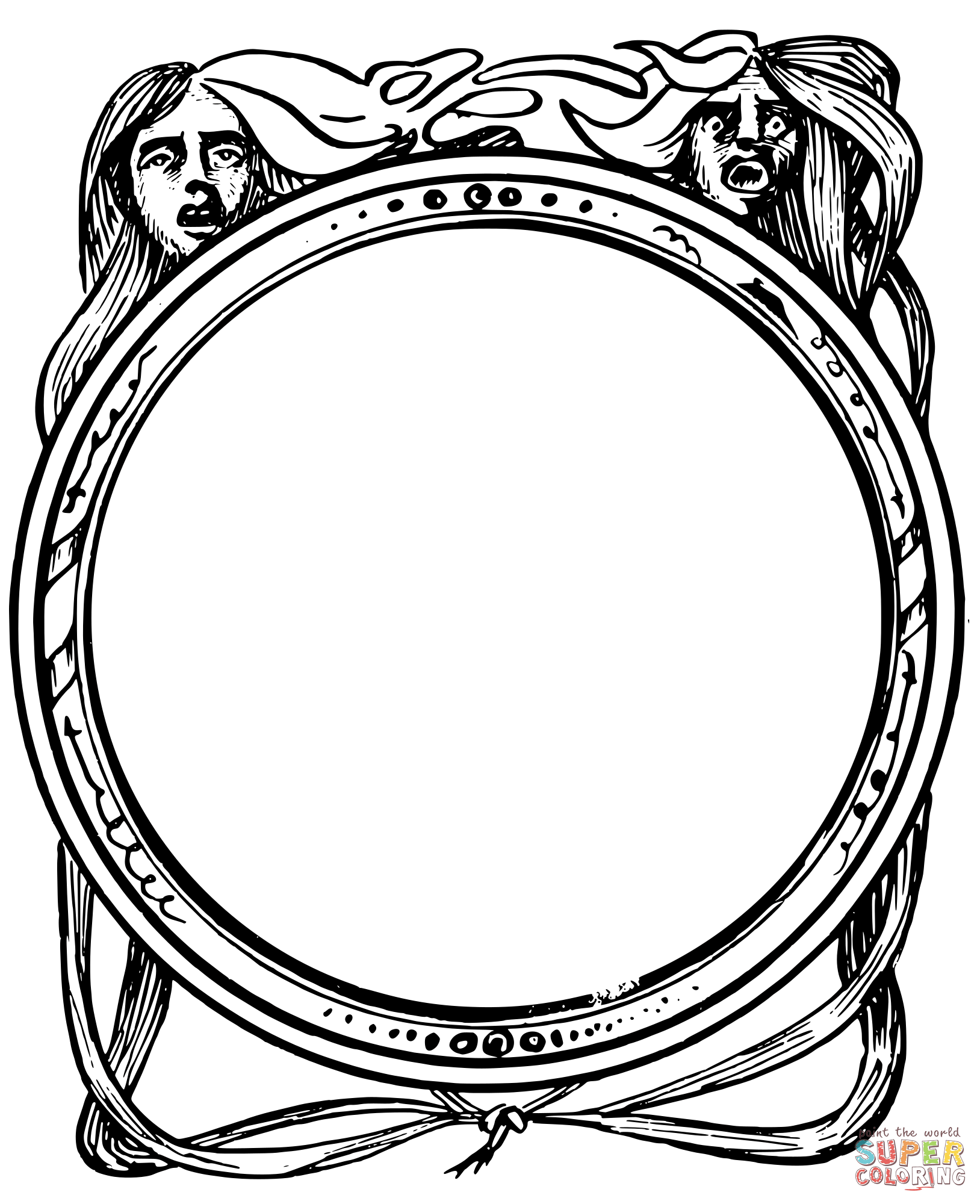 Vintage creepy head circle frame coloring page free printable coloring pages