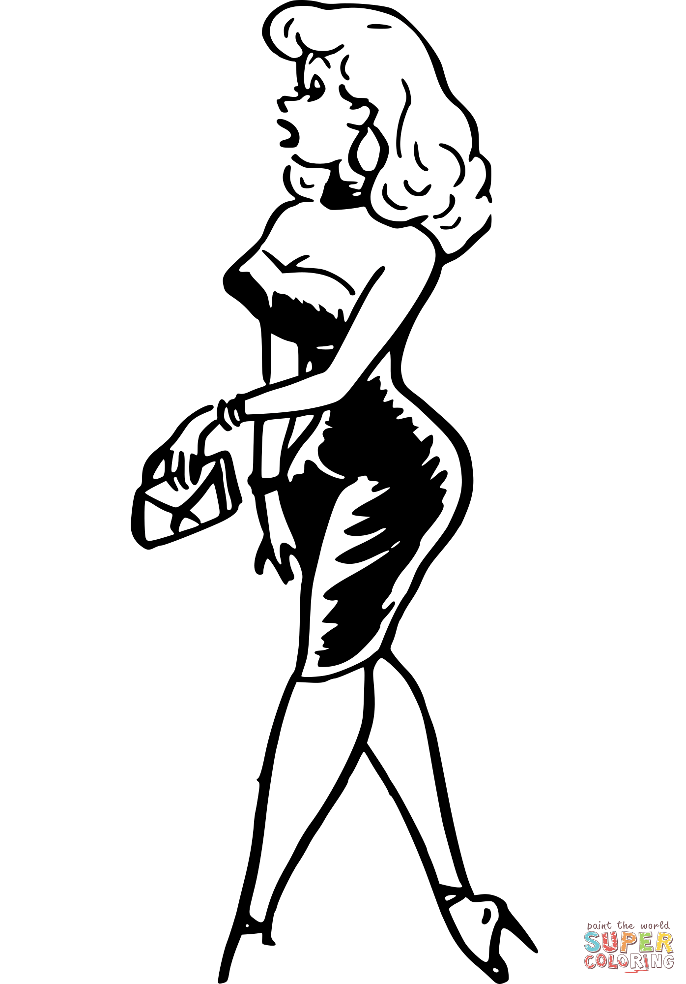 Vintage walking woman in dress coloring page free printable coloring pages