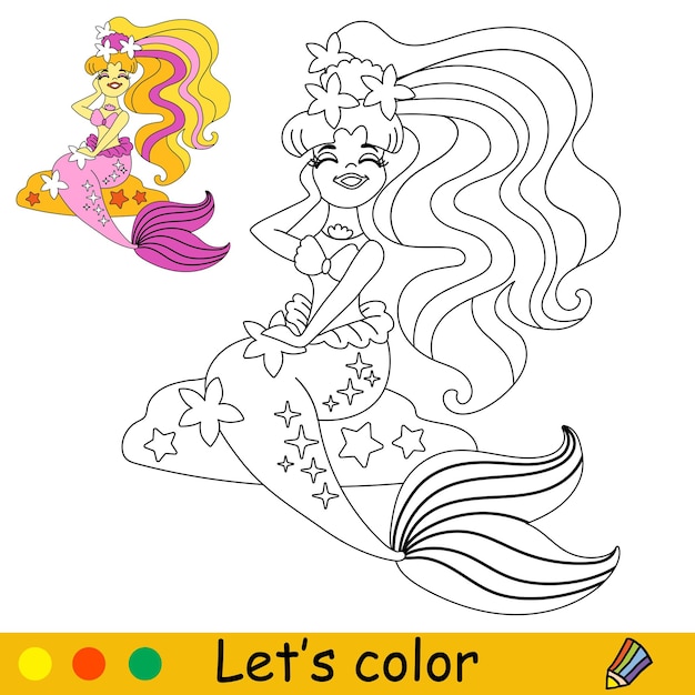 Sirena bionda carina e felice con una coda rosa illustrazione vettoriale del fumetto in bianco e nero pagina da colorare per bambini con un campione di colore per la stampa di design