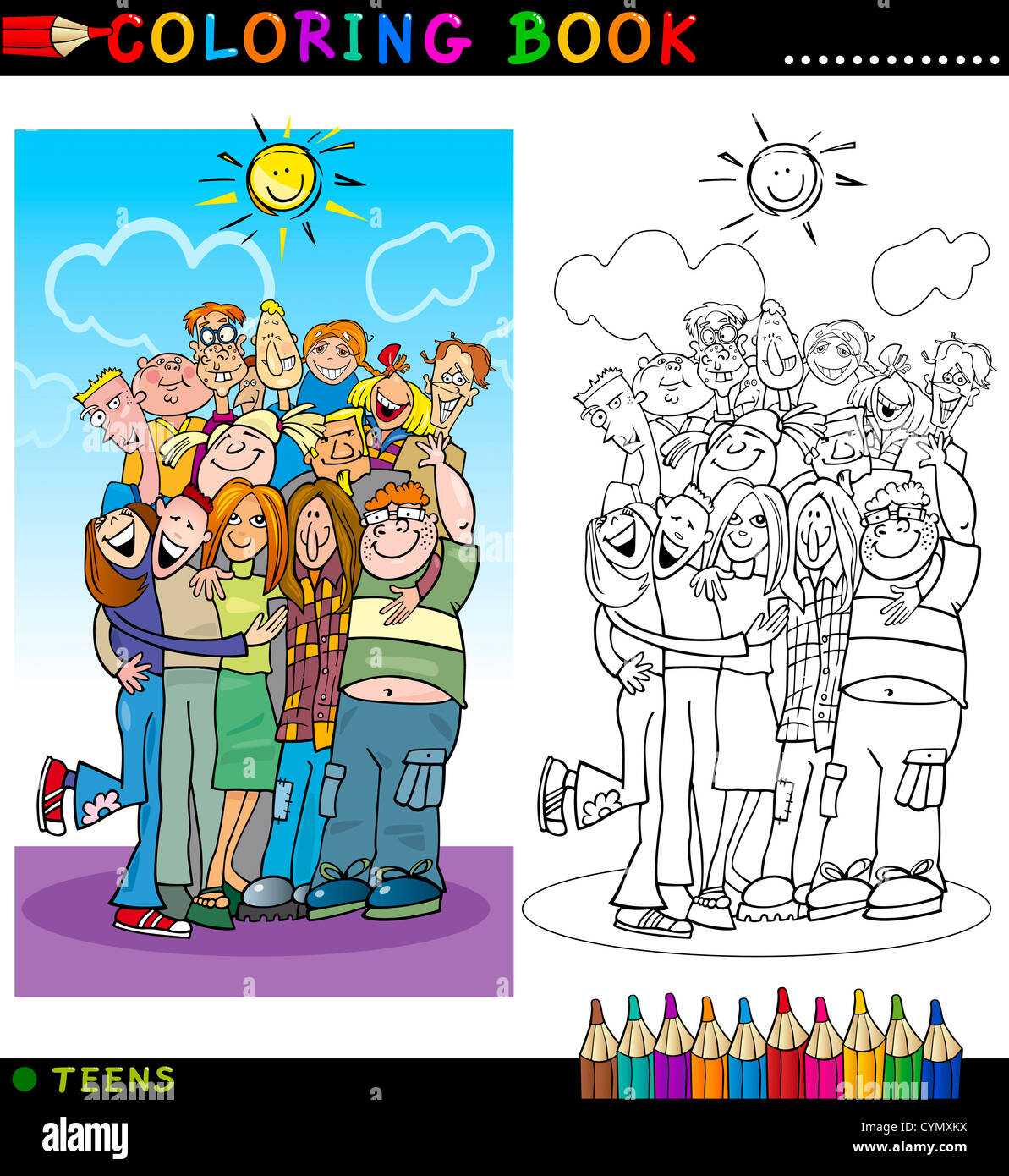 Libro para colorear o pãgina cartoon ilustraciãn de hacer felic a los niãos y niãas adolcent grupo dando un abrazo y riendo fotografãa de stock