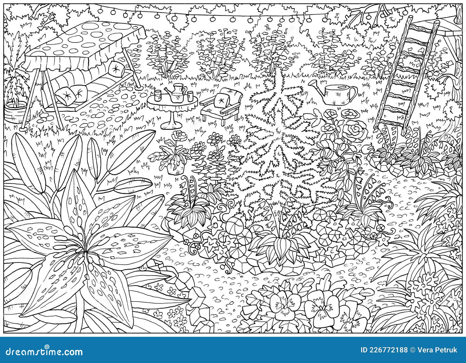 Black and white coloring page with flowers and vintage garden objects blooming lily conifer and swings stock illustration