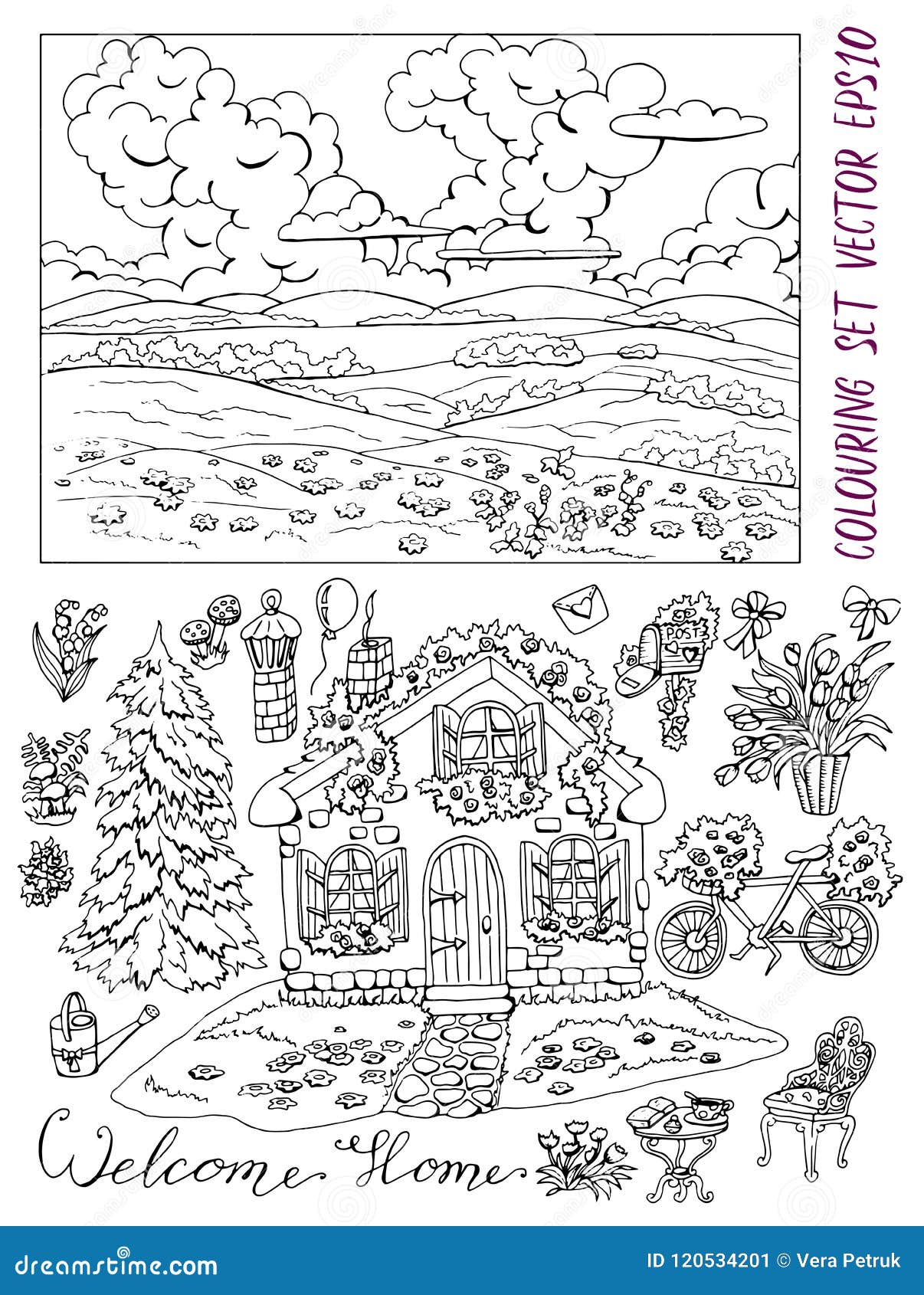 Coloring page with cute house landscape conifer garden furniture and flowers stock vector