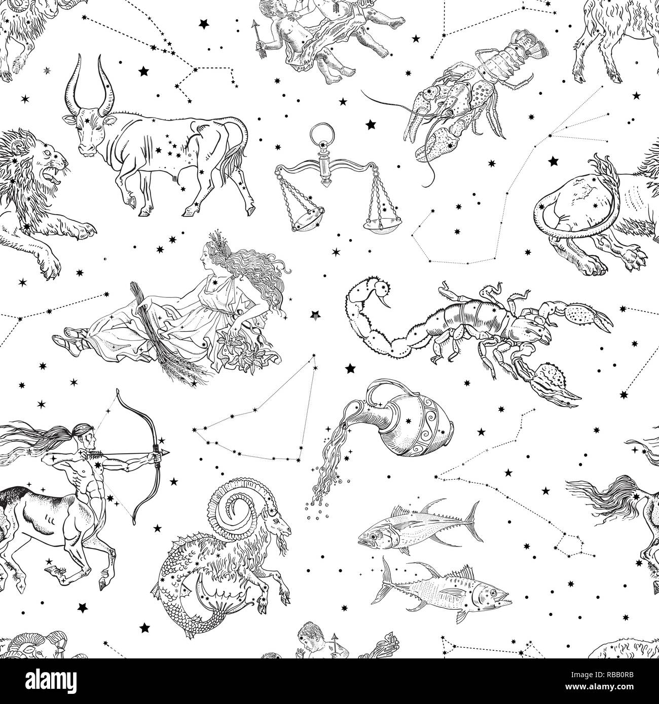 Los signos del zodãaco y las constelacion patrãn sin fisuras ari tauro gãminis cãncer leo virgo libra corpio sagitario capricornio acuario piscis horãscopo sãmbolos vintage tilo tatuaje grabado imagen vector de stock