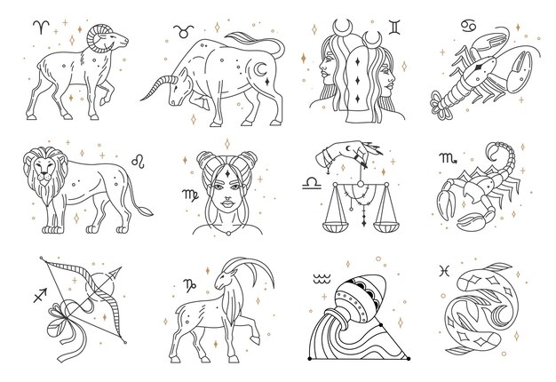 Horãscopo zodiaco signos constelacion sãmbolos leãn piscis capricornio libra cãncer vector astrolãgico vector premium
