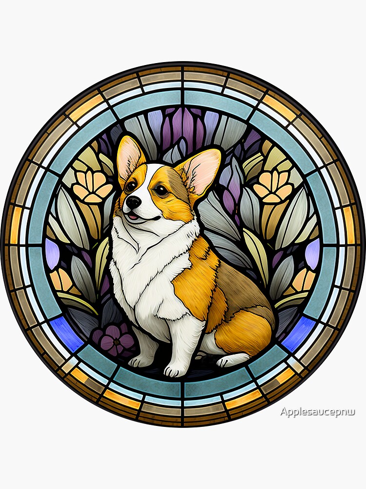 Stained glass corgi sticker for sale by applesaucepnw