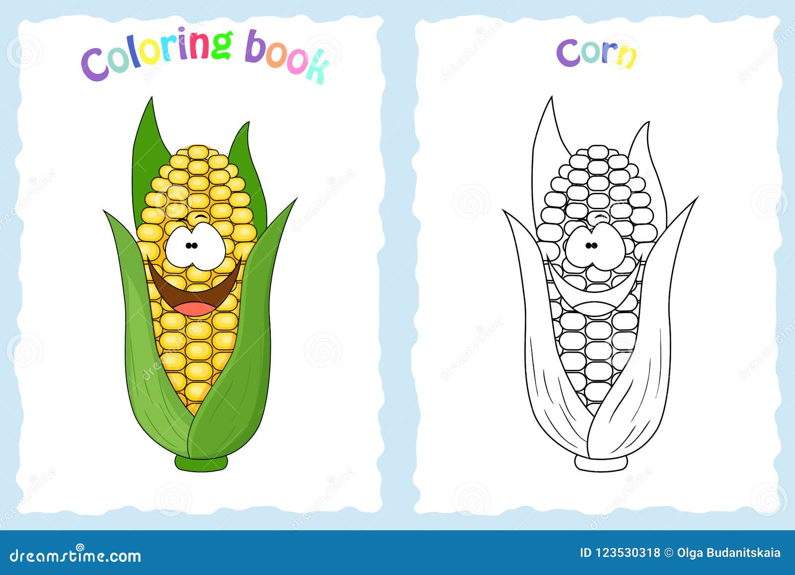 Coloring book page for children with colorful corn and sketch stock vector