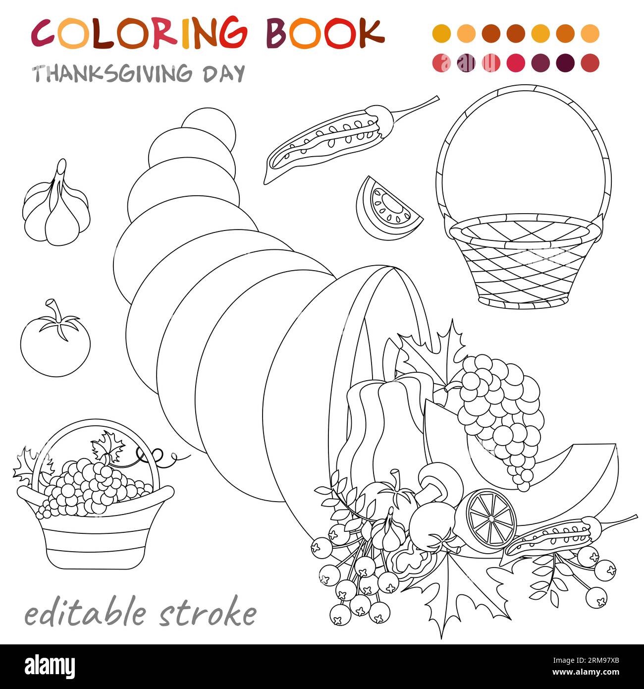 Thanksgiving day wicker baskets and a full cornucopia coloring template for children and adults for relaxation and rest stock vector image art