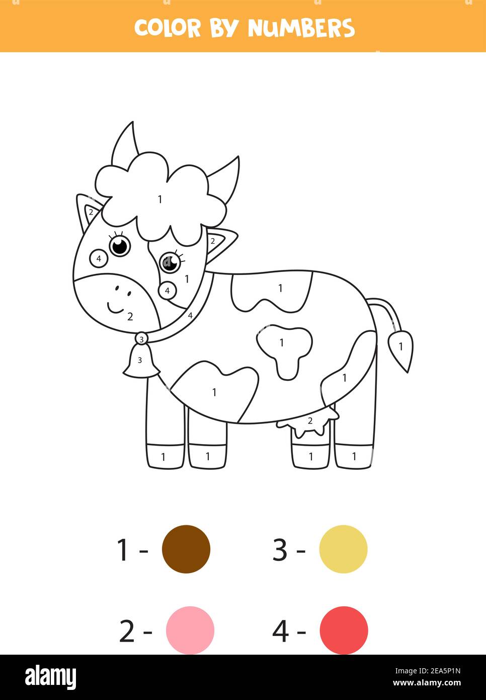 Coloring page with cute cartoon cow color by numbers math game for kids stock vector image art