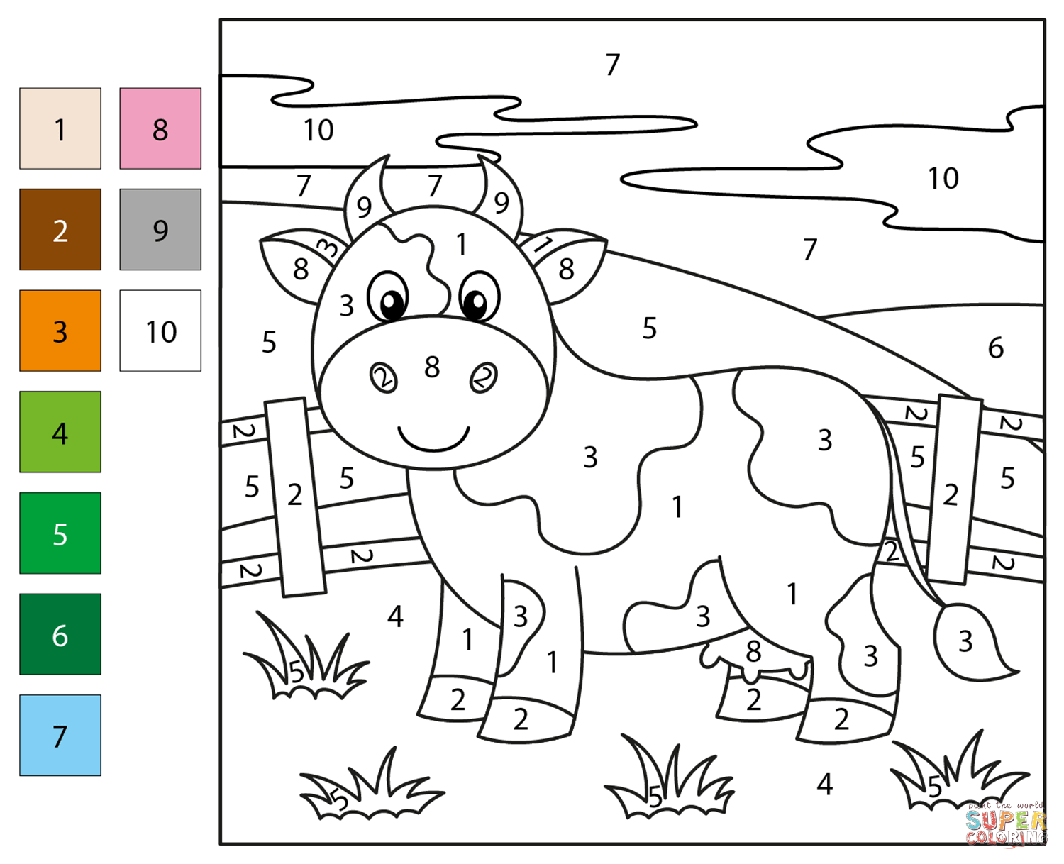 Cow color by number free printable coloring pages