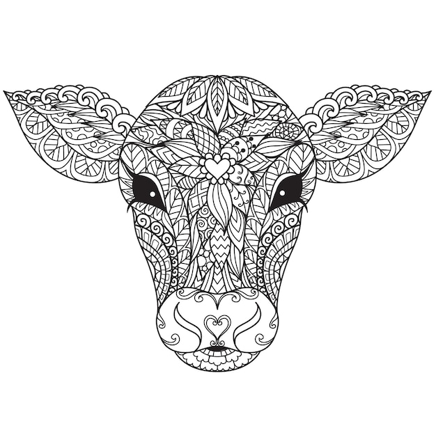 Premium vector calf or cow head mandala for adult coloring bookcoloring pageprint on product laser cut paper cut and so on vector illustration