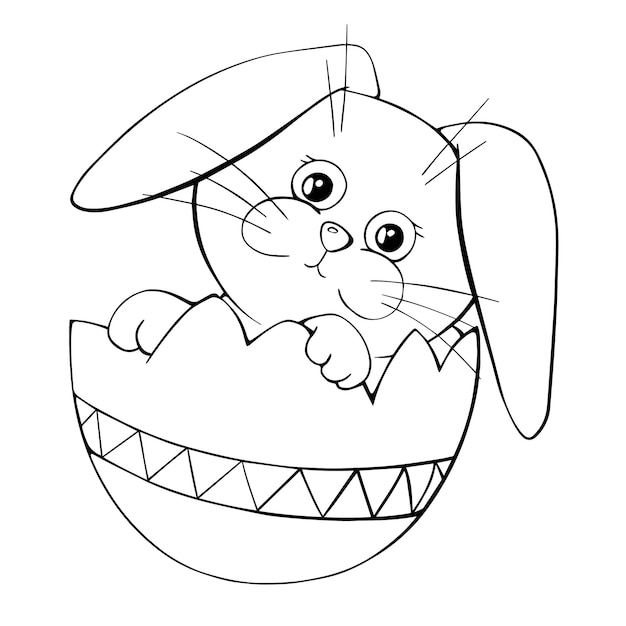 Premium vector easter bunny in a cracked egg doodle linear coloring book