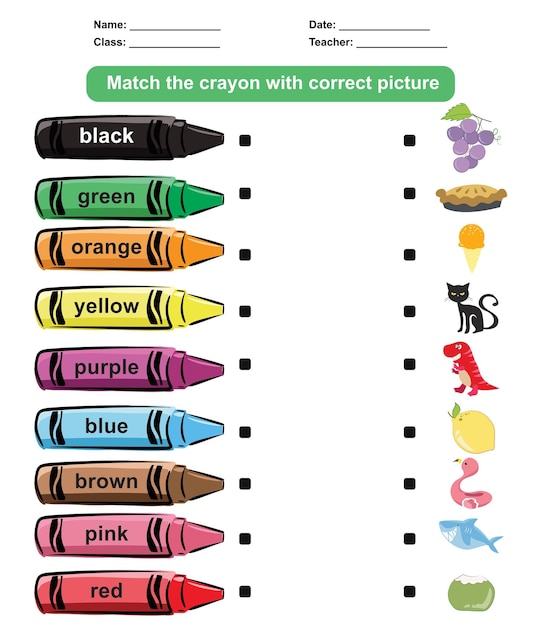 Premium vector matching the crayon colours with the images printable worksheet for kids learning about colours