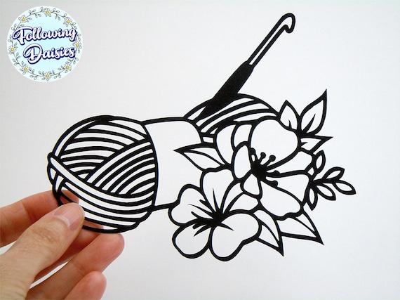 Crochet svg ball of floral yarn crochet hook crafting flowers hobby svg files for cricut and silhouette paper cut template