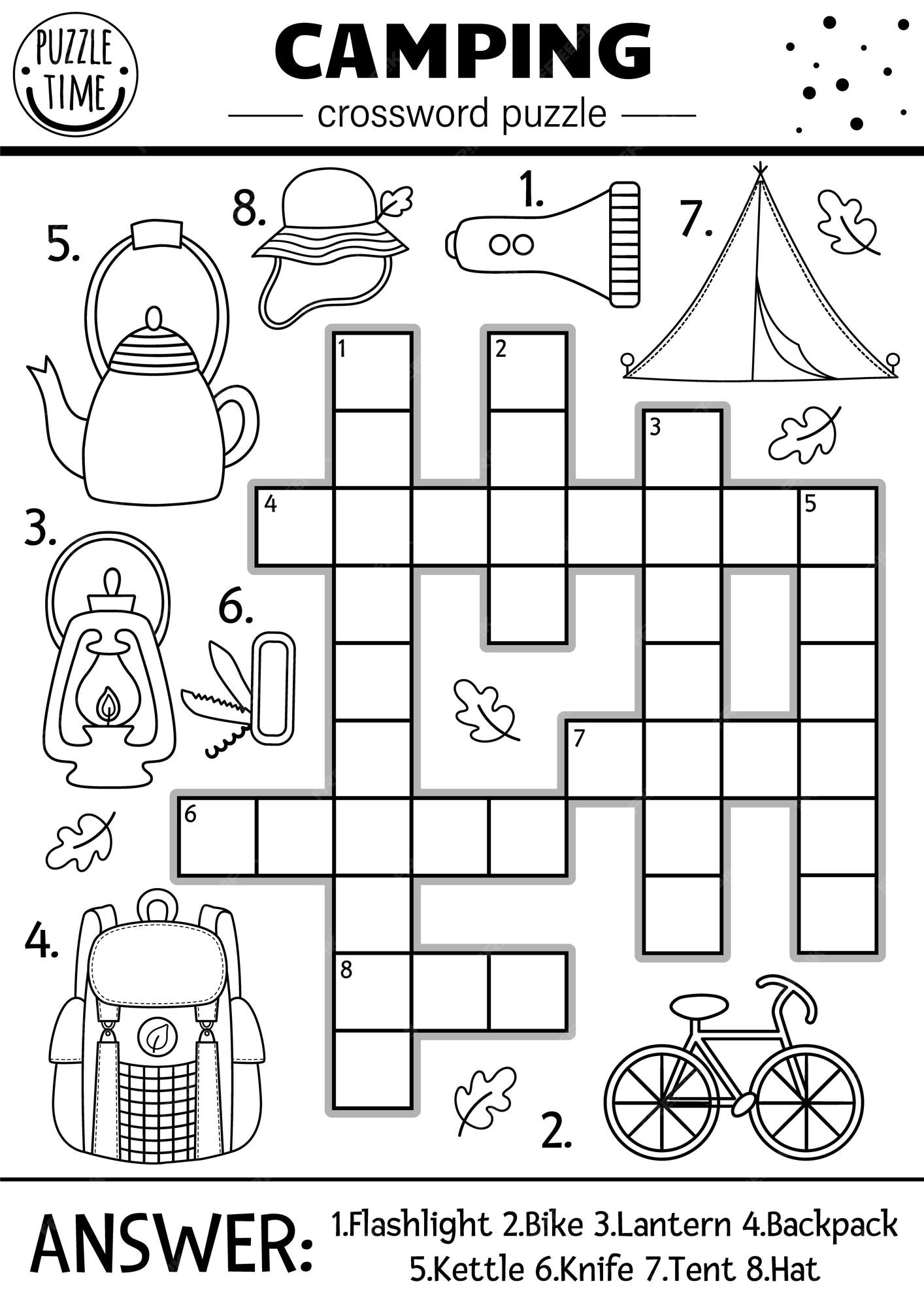 Premium vector vector black and white camping crossword puzzle for kids simple summer camp outline quiz with forest equipment activity with lantern tent backpack road trip cross word or coloring page