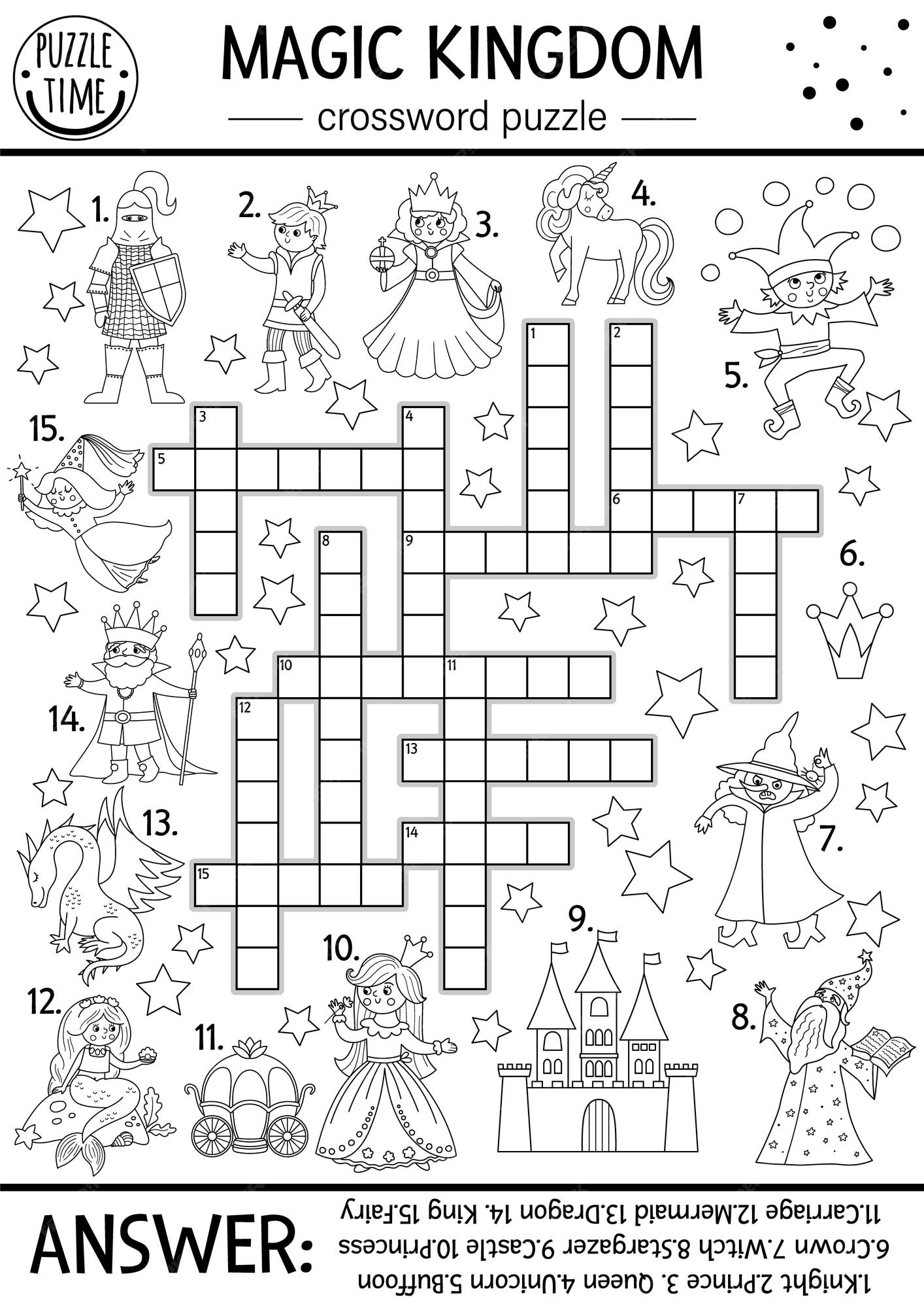 Premium vector vector fairytale black and white crossword puzzle for kids simple line magic kingdom quiz with fantasy creatures educational activity with knight castle princess unicorn cross word coloring pagexa
