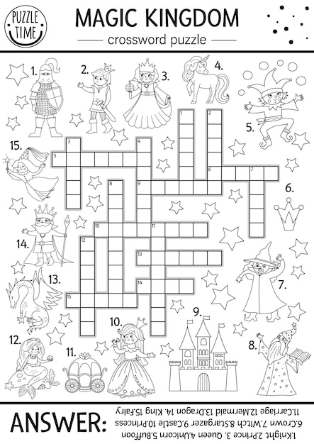 Premium vector vector fairytale black and white crossword puzzle for kids simple line magic kingdom quiz with fantasy creatures educational activity with knight castle princess unicorn cross word coloring pagexa