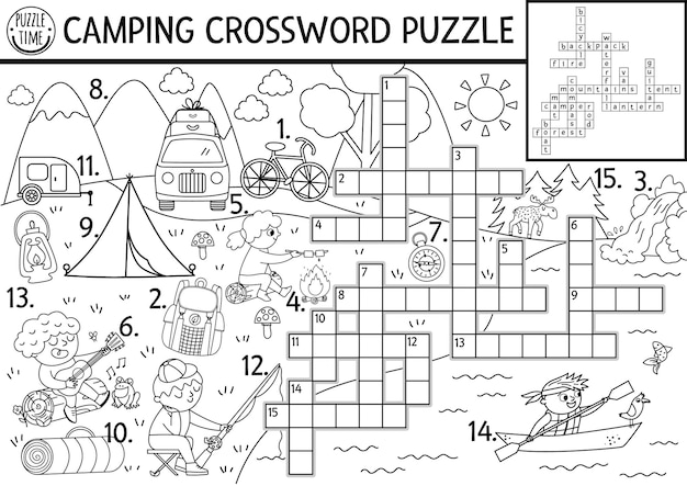 Premium vector vector black and white camping crossword puzzle simple forest summer camp outline quiz for children educational activity with kids fishing hiking woodland cross word or coloring page xa
