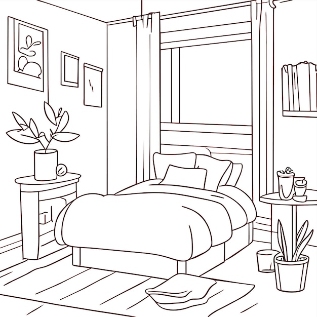 Dormitorio de la maãana en dorden ilustraciãn de la cena del salãn interior pãgina del libro para colorear vector premium