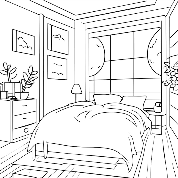 Dormitorio de la maãana en dorden ilustraciãn de la cena del salãn interior pãgina del libro para colorear vector premium