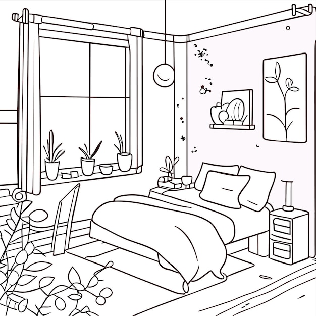 Dormitorio de la maãana en dorden ilustraciãn de la cena del salãn interior pãgina del libro para colorear vector premium