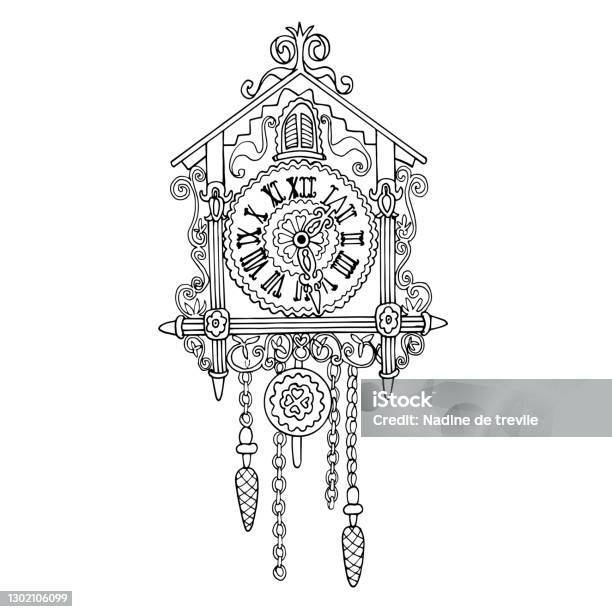 Vintage german cuckoo clock the carved retro clock is isolated on a white background vector drawing in the sketch style coloring pages for children and adults for home design and decoration stock