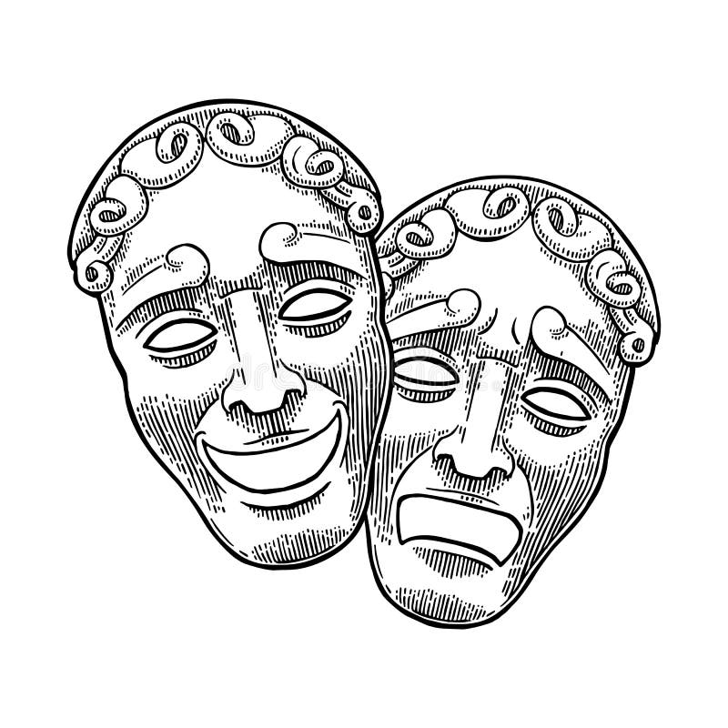 Edy and tragedy theater masks vector engraving vintage black illustration stock vector