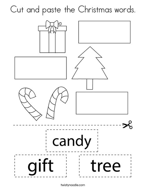 Cut and paste the christmas words coloring page
