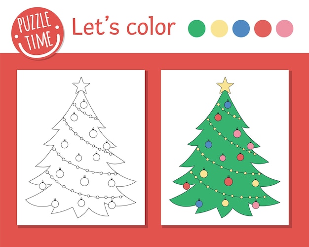 Premium vector christmas coloring page for children cute funny decorated fir tree vector winter holiday outline illustration new year party color book for kids with colored example