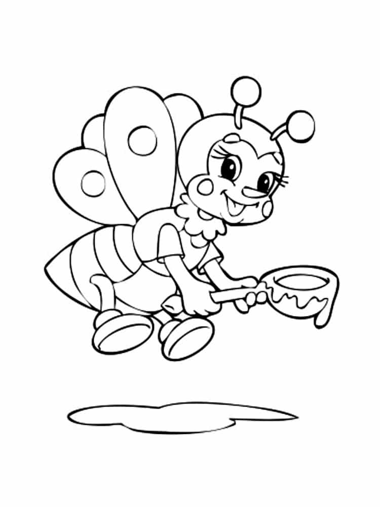 Cute bee with a teaspoon of honey coloring page
