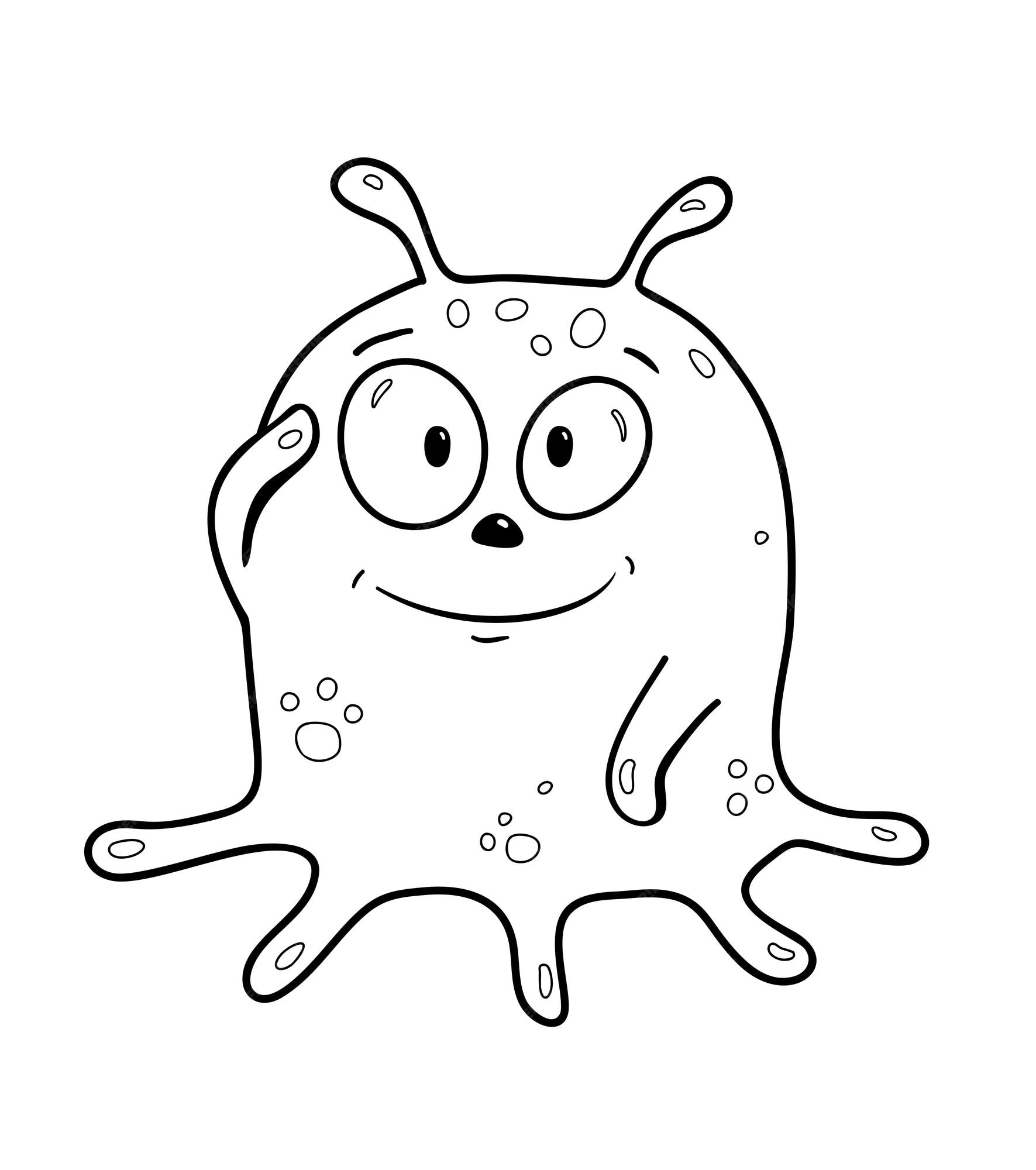 Premium vector funny cute slime alien monster with tentacles for kids activity book imaginary big eyes creature for children coloring book black and white outline fantasy cartoon for coloring pages